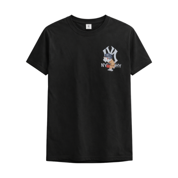 Men’s Black Cotton T-Shirt – Cartoon NY Chest Print - Image 3