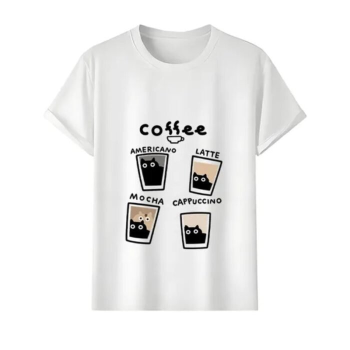 Cartoon Cat American Coffee Printed T-shirt - Image 4