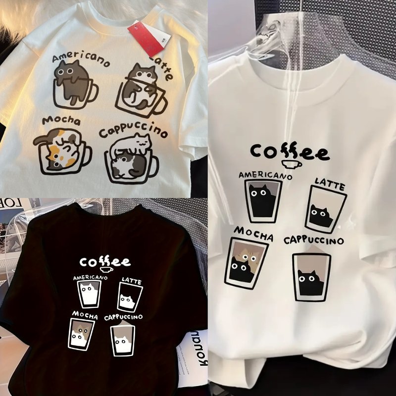 Product-6.jpg Cartoon Cat American Coffee Printed T-shirt - Image 1
