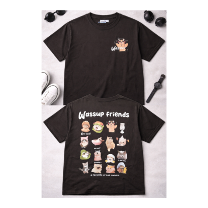 Wassup Friends Cat T-Shirt | Cute Cartoon Cat Tee | Unisex Cotton Shirt | Front & Back Print Oversize Tee